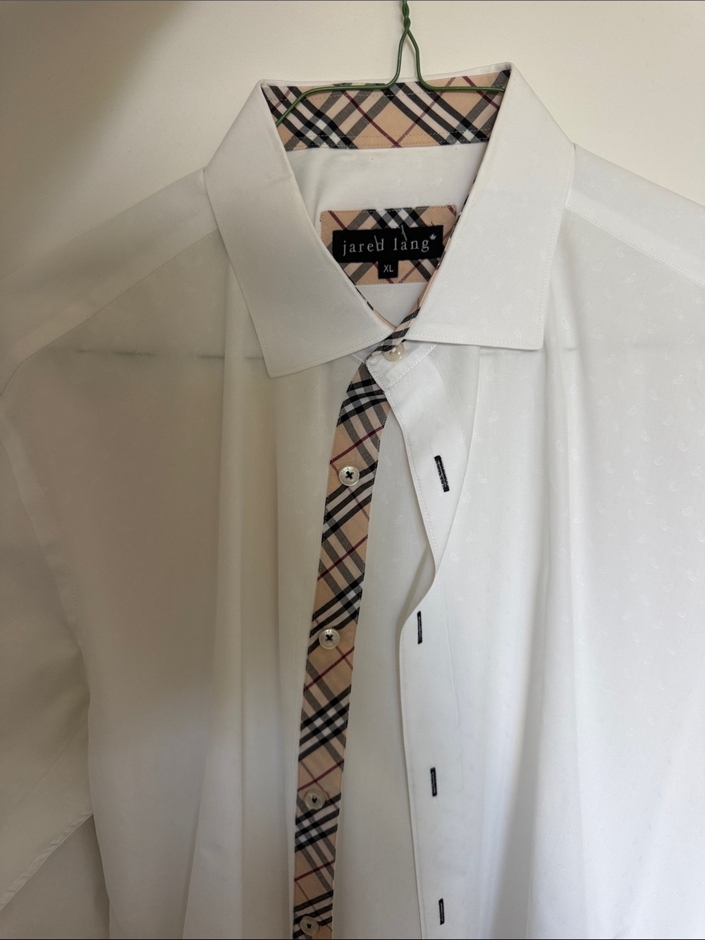 Jared Lang White Dress Shirt with Beige and Black Plaid Trim